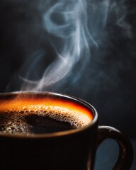 Steaming hot coffee in dark mug