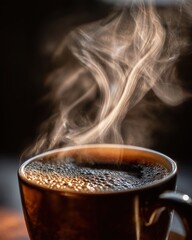 Hot coffee steaming in ceramic mug