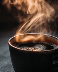 Hot coffee steaming dark cup
