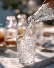Water pouring into glass with ice