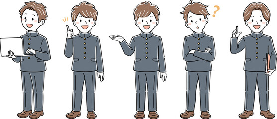 制服姿の男子学生の全身イラストセット・様々なポーズと表情（ノートパソコン、説明、案内、疑問）
