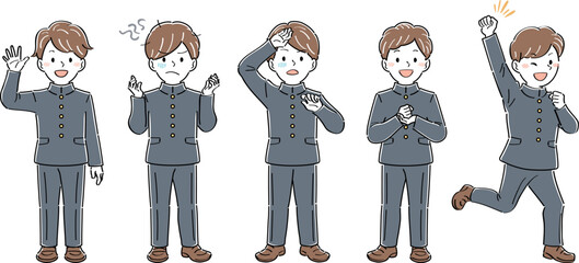 制服姿の男子学生の全身イラストセット・様々なポーズと表情（手を振る、不安、苦悩、納得）