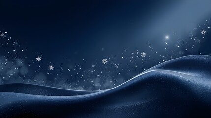 Modern elegant Christmas background in navy blue and silver tones with glowing stars and snowflakes