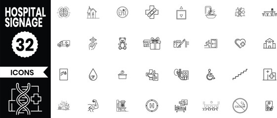 Collection of 32 hospital signage icons for medical facilities and healthcare services