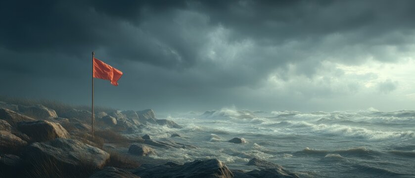 Red warning flag on rocky seashore during ocean storm