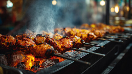Close up of chicken skewers grilling over hot coals with smoke rising in a blurred background