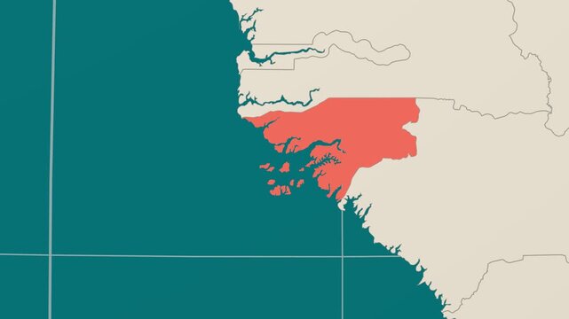 Guinea-Bissau map. Animated zoom into the country on the Globe in Teal Pale Mint color palette. Country logo animation. Map with meridians, parallels. Modern video.