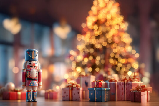 Casse-noisette en bois sur table entour&eacute;e de cadeaux color&eacute;s devant un sapin de no&euml;l illumin&eacute; aux guirlandes dor&eacute;es, ambiance chaleureuse de f&ecirc;te pour no&euml;l 25 d&eacute;cembre et f&ecirc;tes de fin d&rsquo;ann&eacute;e