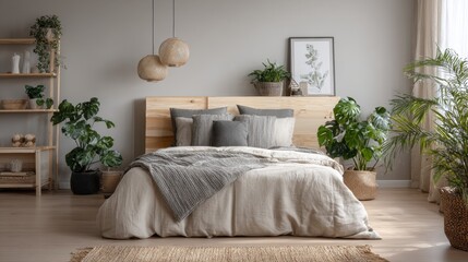 Cozy Bedroom with Natural Light, Wooden Textures, and Lush Potted Plants for a Fresh Aesthetic