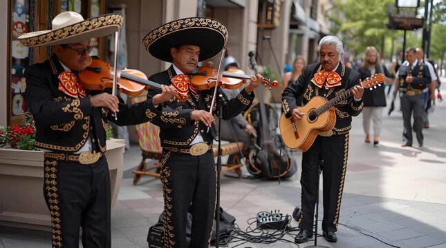 Mariachi band performing urban sidewalk and pedestrian plaza. three musicians with violin and guitar traditional charro suit and sombrero