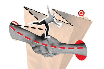 Creative collage picture young happy man handshake agreement business deal achieve goal target accomplish dream path way