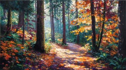 Obraz premium Autumn Pathway through a Sunlit Forest Covered in Vibrant Leaves and Trees, Inviting Serenity and Natural Beauty