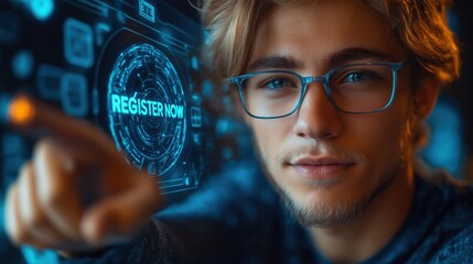 Young man touching digital screen with “Register Now” interface