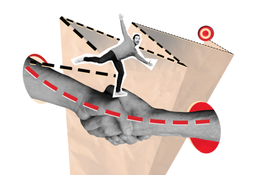 Creative collage picture young happy man handshake agreement business deal achieve goal target accomplish dream path way