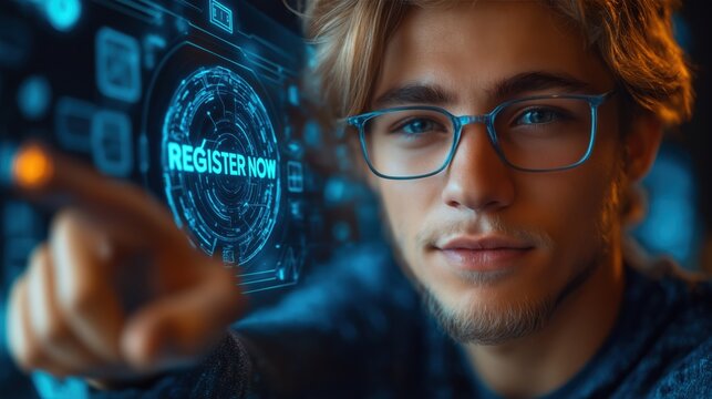 Young man touching digital screen with “Register Now” interface