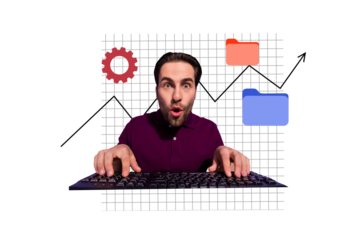 Contemporary poster trend art collage of astonished guy freelancer businessman type keypad arrow statistics development gears folder