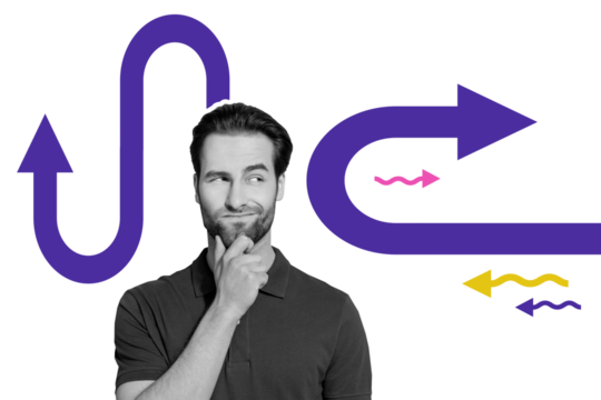 Contemporary poster trend art collage of doubtful man hold chin arrow decision turn pointer direction success promotion strategy