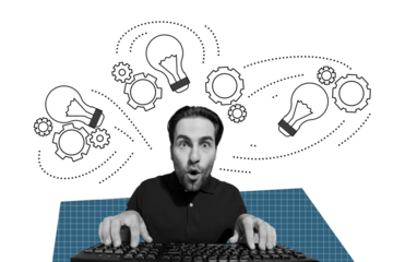 Photo collage young man workaholic browsing pc computer keyboard typing cogwheel process automation configuration setting