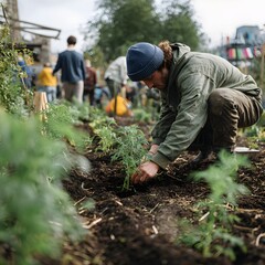 Fototapeta premium PEOPLE ARE HARVESTING CROPS