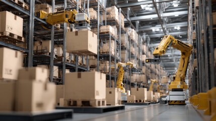 Naklejka premium Advanced Robots Organizing and Stacking Boxes in a Modern Warehouse Environment for Efficient Inventory Management