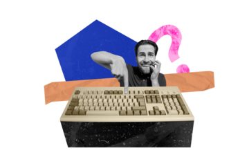 Composite art 3d creative image collage of panic man bite fingers push button keypad question mark dilemma hesitation unsure ponder