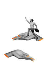 Composite trend artwork 3D sketch image photo collage of silhouette high sky huge hand hold support office manager man fly superman cloud