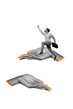 Composite trend artwork 3D sketch image photo collage of silhouette high sky huge hand hold support office manager man fly superman cloud