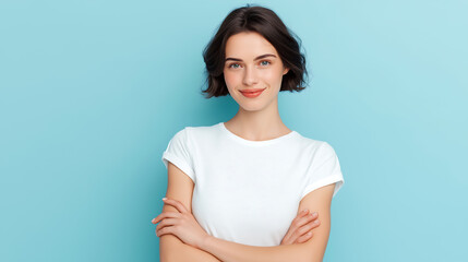 Obraz premium Portrait of a young woman with short hair and white shirt on blue background