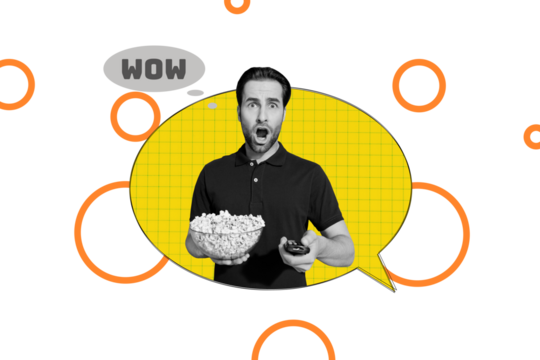 Creative picture collage young shocked speechless stupor man textbox message reply wow popcorn tv watch movie drawing background