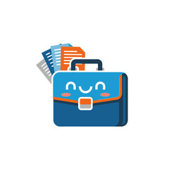 Cheerful blue briefcase icon filled with documents illustrating business organization and happy productivity