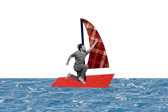 Composite photo collage of happy man sailor boat plaid sail boat summer ocean adventure vacation isolated on painted background