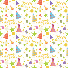 Fototapeta premium Happy birthday seamless pattern. Party hats, geometric elements. Holiday party background. Vector illustration