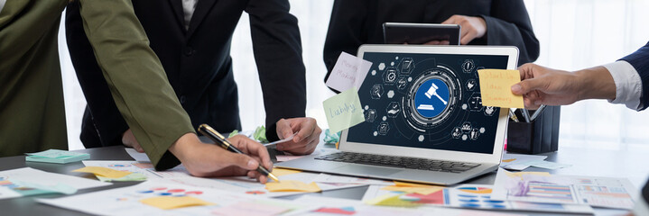 Analyst team use sticky note for creative and analytic brainstorm for business idea with BI data dashboard on laptop screen. Analysis financial data visualization tech for marketing strategy. Prodigy