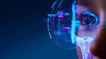Woman's eye with digital data overlay and biometric scanning for futuristic health technology application, animation - Powered by Adobe