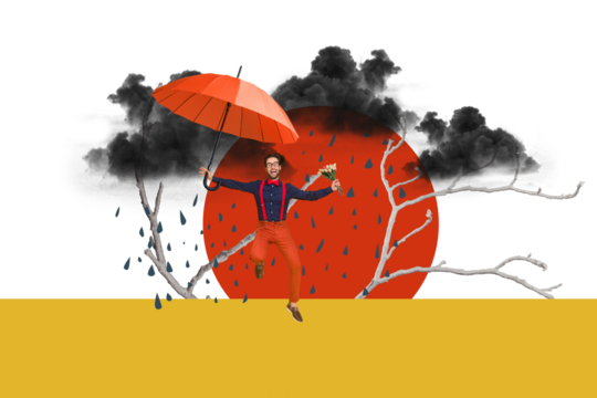 Composite photo collage of happy man run hold umbrella tulip bouquet autumn cloud rainstorm bad weather isolated on painted background