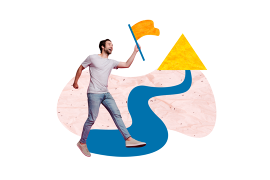 Composite photo collage of serious businessman walk hold flag sign arrow point promotion development isolated on painted background