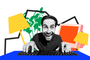 Composite photo collage of happy mad businessman type computer keyboard monitor remote work plant home isolated on painted background