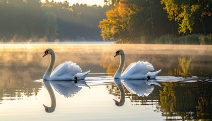 Two white swans swimming on a calm lake during sunrise with golden light reflecting on the water and misty trees in the background