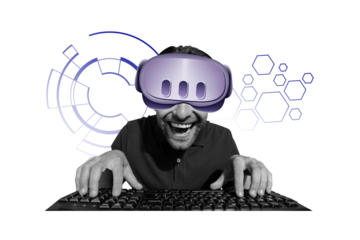 Composite photo collage of happy man wear vr glasses stimulation gamer addiction push keypad buttons isolated on painted background