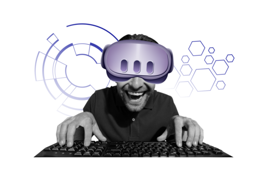 Composite photo collage of happy man wear vr glasses stimulation gamer addiction push keypad buttons isolated on painted background