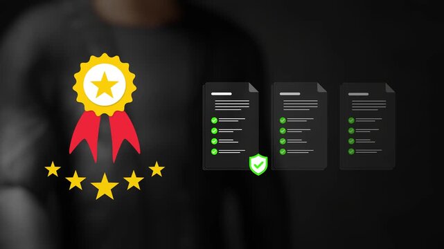 Quality assurance and certification concept. Five-star service, verified standards, compliance documents, trust building, product credibility. Man touching top service badge on virtual screen.3D video