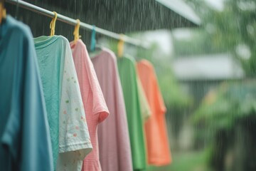 Rain-Kissed Laundry: Raindrops cascade onto vibrant, freshly washed clothes hung on a line outside, evoking the calming sounds and refreshing sensations of a summer rain. 