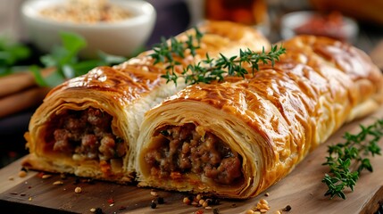A close up of a sausage roll with herbs on a wooden board and a bowl in the background
