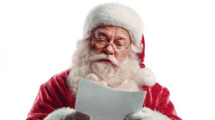 santa claus reading a letter on white background