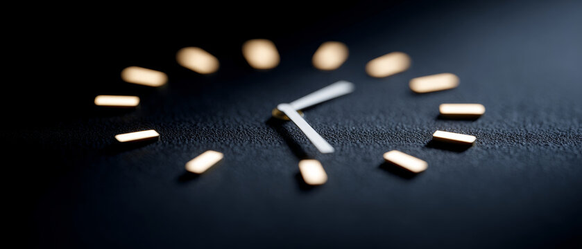 A close up of a clock with golden hands and markers on a dark background, the time is approximately ten minutes past twelve