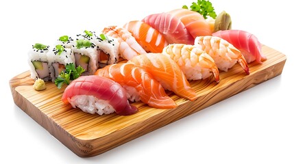 A wooden platter filled with assorted sushi rolls and nigiri pieces arranged neatly on a white background