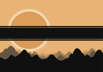 Minimalist Landscape Illustration featuring a Stylized Sun above Layered Mountain Silhouettes, Creating a Serene and Modern Nature Scene with a Warm Color Palette and Abstract Horizon