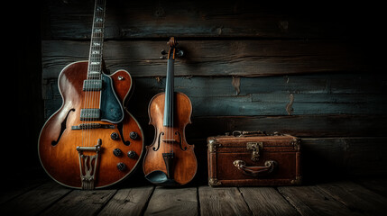 Front angle , electric guitar with violin is leaning against the wooden wall.