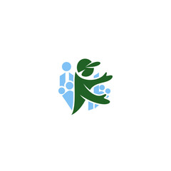 Stylized person with outstretched arms embracing a community group graphic symbolizing connection care and inclusion