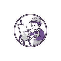 Cartoon artist painting on easel creative art illustration